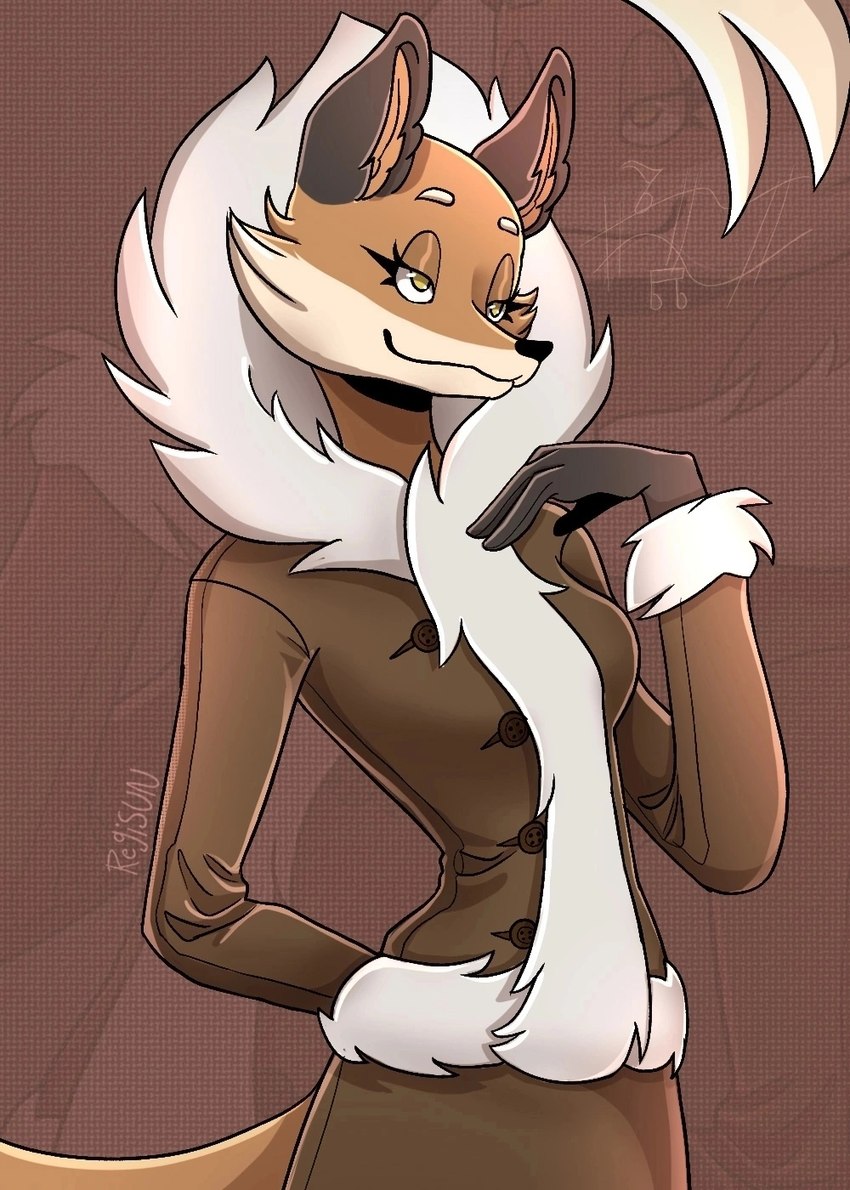 anthro breasts clothing coat fangs female fur gloves handwear looking_aside looking_at_viewer multicolored_body multicolored_fur smile solo standing teeth topwear winter_coat regisun tiny_bunny alice_the_vixen canid canine fox human hybrid mammal 2023 hi_res