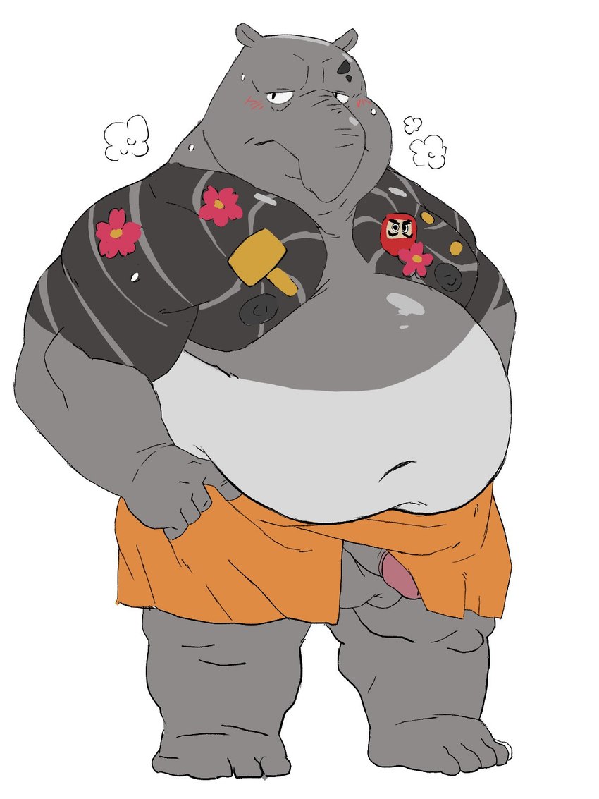 anthro balls belly blush genitals grey_body kemono male navel overweight overweight_anthro overweight_male penis simple_background solo tattoo towel white_background bluewhale127 odd_taxi kuroda_(odd_taxi) mammal tapir 2021 3:4 hi_res