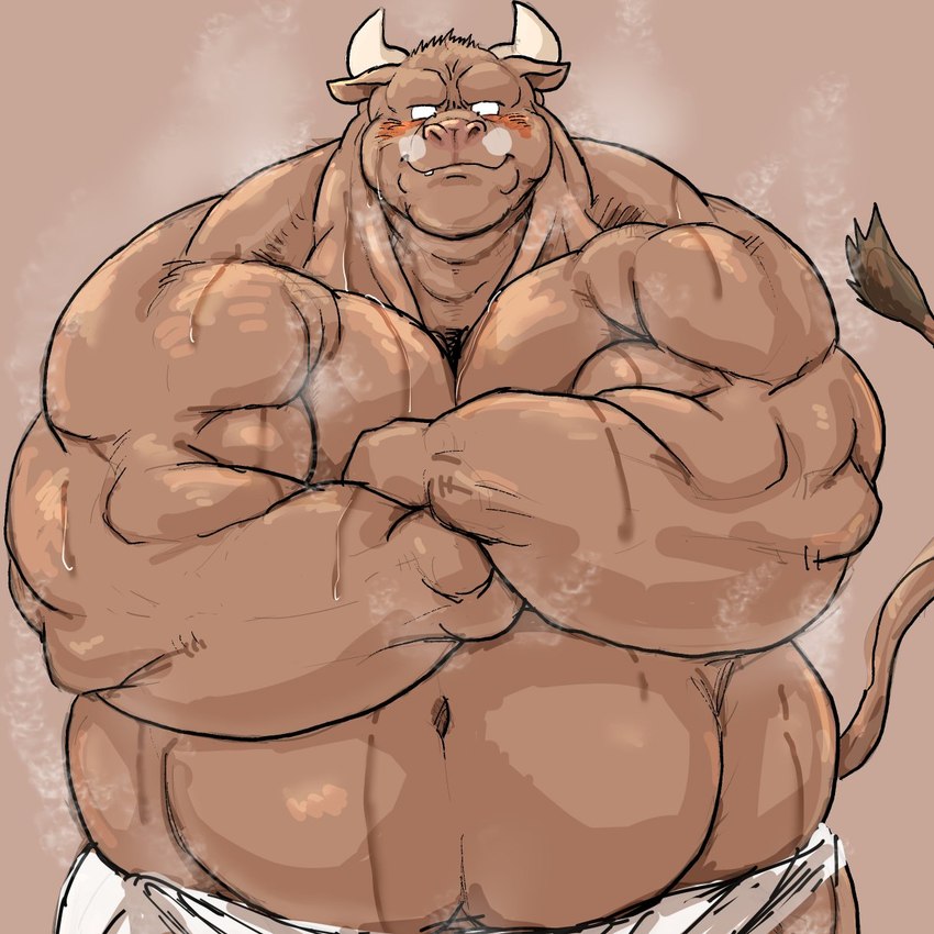 anthro belly blush bodily_fluids horn kemono male navel obese obese_male overweight overweight_male solo sweat towel kotobuki bovid bovine cattle mammal 1:1 2021 hi_res