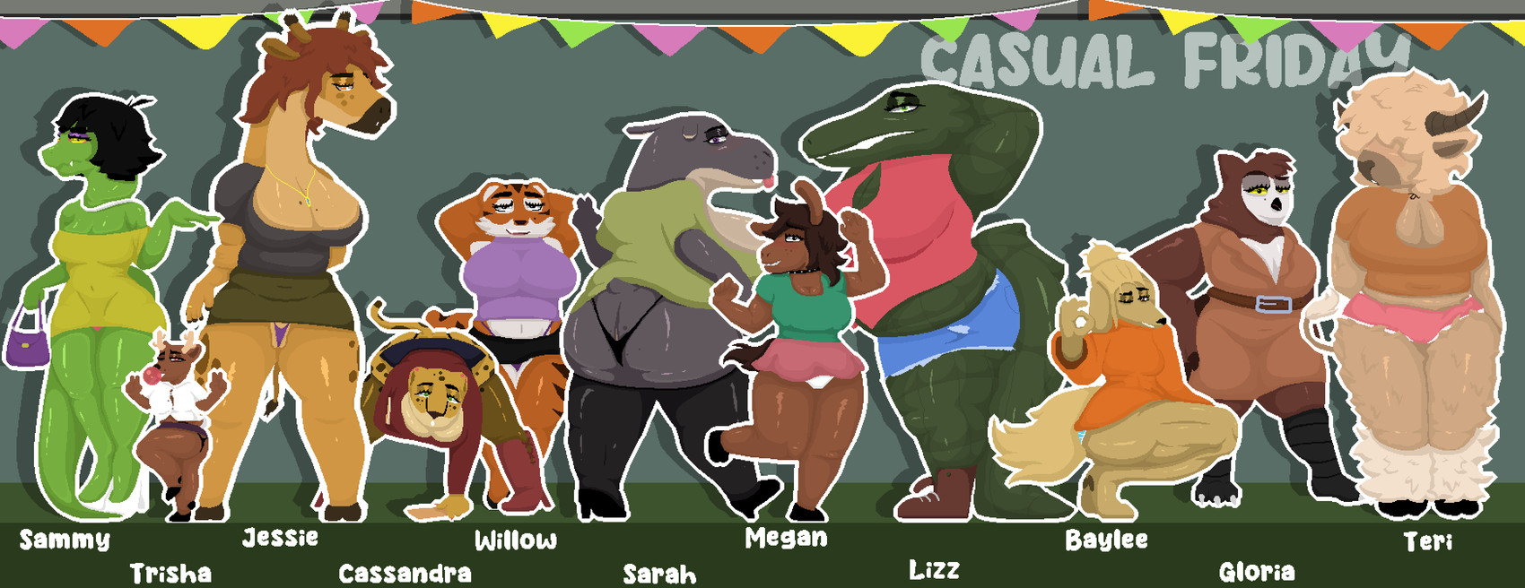 anthro big_butt butt clothed clothing curvy_figure female female/female green_body green_scales group markings overweight presenting scales skimpy spots spotted_markings thick_thighs voluptuous wide_hips shoestrang baylee_(shoestrang) cassandra_(shoestrang) gloria_(shoestrang) jessie_(shoestrang) lizz_(shoestrang) megan_(shoestrang) sammy_(shoestrang) sarah_(shoestrang) teri_(shoestrang) trisha_(shoestrang) willow_(shoestrang) alligator alligatorid asinus avian bird boa_(snake) borzoi bovid bovine canid canine canis cattle cheetah common_hippopotamus crocodilian deer domestic_dog donkey equid equine felid feline giraffe giraffid highland_cattle hippopotamid hunting_dog lizard mammal new_world_deer owl pantherine reindeer reptile scalie sighthound snake tiger absurd_res hi_res model_sheet
