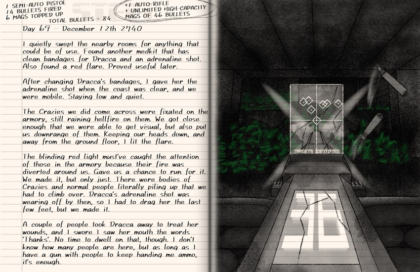 ambiguous_gender anthro barricade blood bodily_fluids bullet bunker corpse death desert destruction diary fight first_person_view gun horde inside inventory journal motion_lines post-apocalyptic ranged_weapon rifle sandbag survival text weapon from_the_archives undead english_text hi_res spot_color story