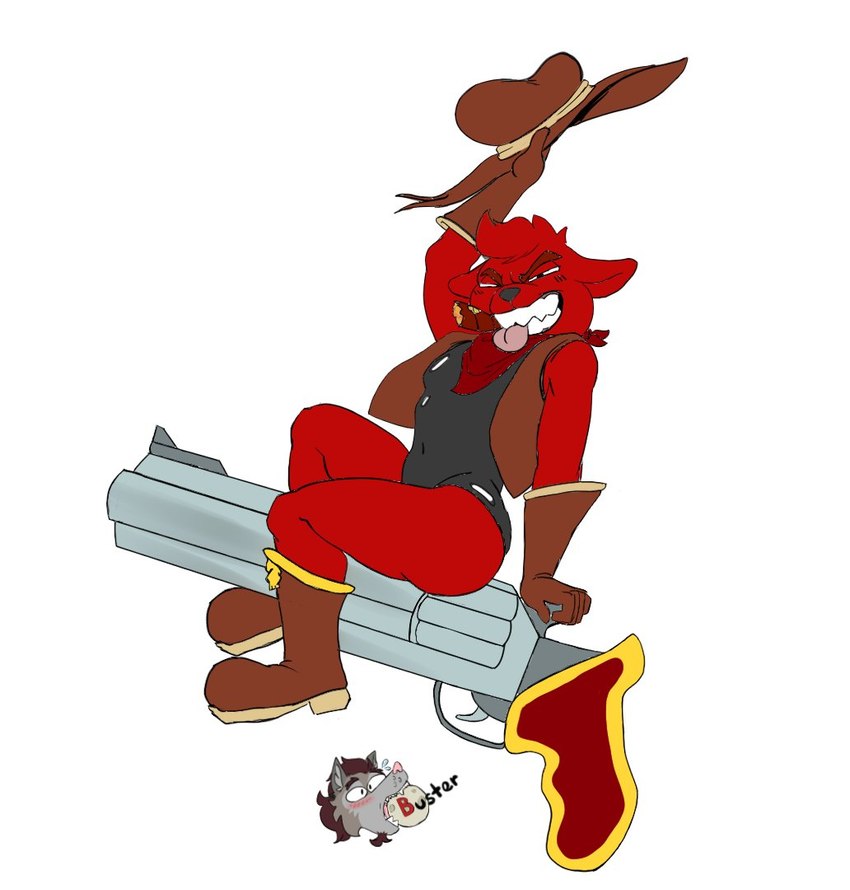 anthro blep cigar clothing cowboy_hat grin gun handgun hat headgear headwear leotard male navel pistol ranged_weapon simple_background smile smoking solo spade_tail tail tongue tongue_out weapon white_background coyotebbbusted kings_of_hell gremile_'hotshot' demon imp