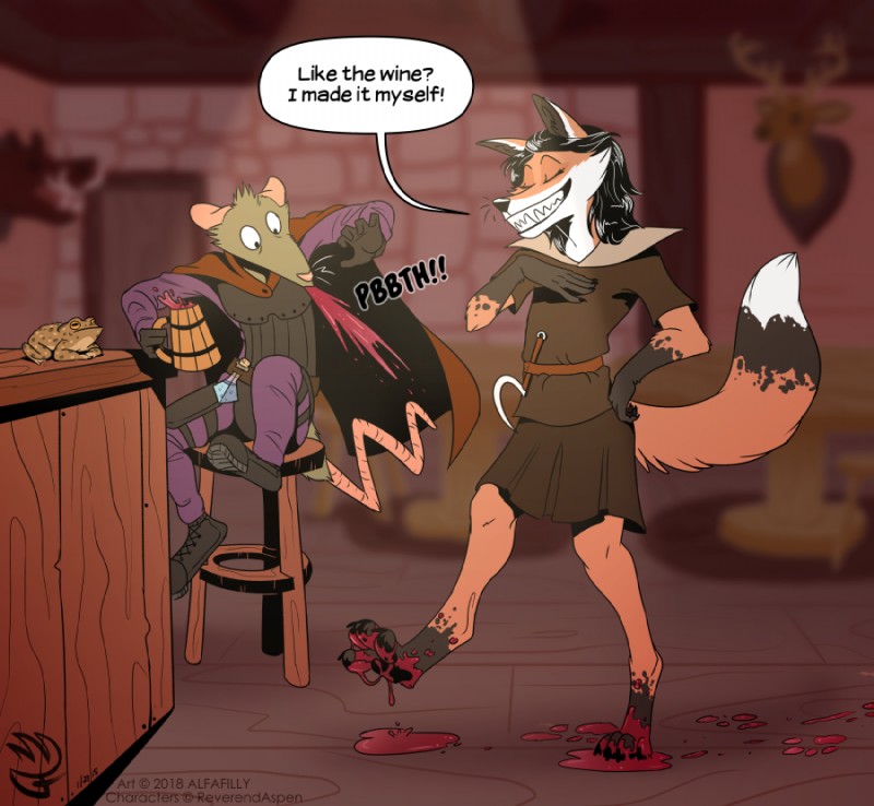 alcohol bar_chair beverage blurred_background bodily_fluids digitigrade dripping_liquid duo eyes_closed female male mounted_trophy saliva sickle smile tavern text touching_one_chest wine alfafilly sepia_the_rat tixtapa_the_fox canid canine fox mammal murid murine rat rodent toad_(animal)