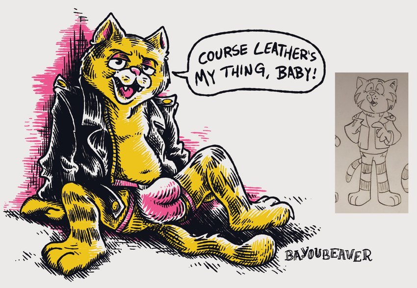 anthro balls_outline bulge clothing detailed_bulge genital_outline jacket jockstrap leather leather_clothing leather_jacket leather_topwear male sheath_outline solo topwear underwear bayou_beaver fritz_the_cat fritz_the_cat_(character) domestic_cat felid feline felis mammal hi_res