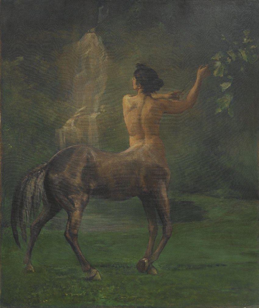 5_fingers black_hair black_hooves black_tail branch brown_body brown_fur cliff day female female_taur fingers fur grass hair hair_bun head_turned holding_branch hooves leaf long_hair nude nude_female nude_taur outside plant pond quadruped solo tail unguligrade water waterfall john_la_farge european_mythology greek_mythology mythology public_domain centaur equid equid_taur humanoid_taur mammal mammal_taur taur 1887 19th_century ancient_art formal_art hi_res oil_painting_(artwork) painting_(artwork) traditional_painting_(artwork)