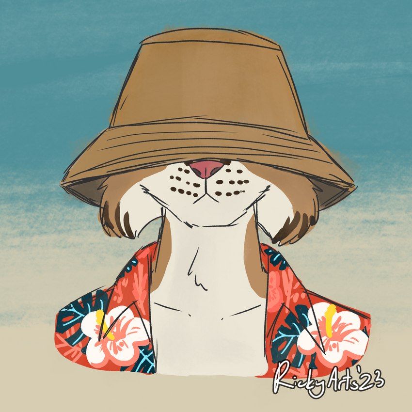 aloha_shirt anthro bucket_hat clothing countershade_face countershade_torso countershading covered_eyes hat hat_over_eyes headgear headwear male pattern_clothing pattern_shirt pattern_topwear shirt solo topwear ricky_arts felid feline humanoid lynx mammal 1:1 2023 hi_res