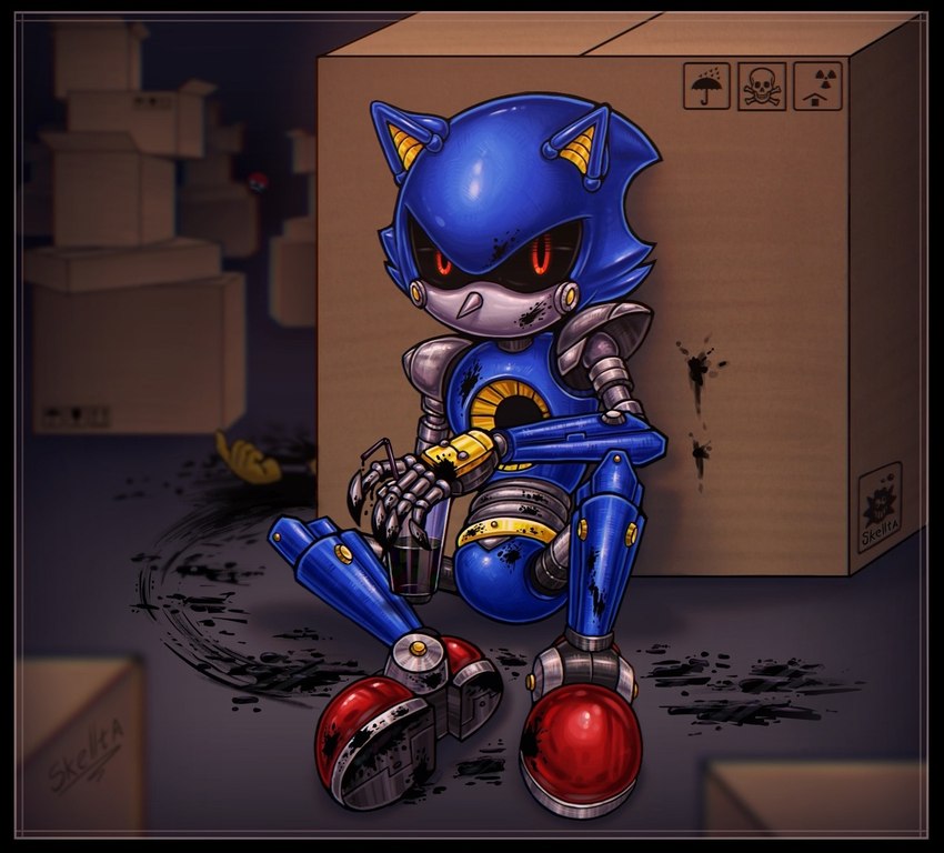 anthro black_border black_fluid black_sclera blue_body border box container cup drinking_straw grass group looking_at_viewer machine machine_oil male metallic_body oil plant red_eyes simple_background sitting trio skellta sega sonic_the_hedgehog_(series) cubot metal_sonic orbot eulipotyphlan hedgehog mammal robot robot_anthro