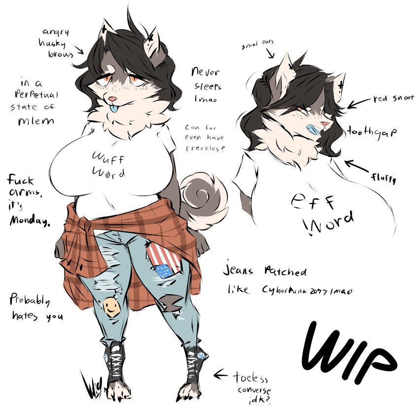 alternate_form alternate_species anthro black_hair blep bottomwear brown_body brown_fur cheek_tuft clothing denim denim_bottomwear denim_clothing digitigrade facial_tuft female flannel_shirt fur gesture hair half-closed_eyes jeans long_hair narrowed_eyes neck_tuft nipple_outline open_mouth pants paw_shoes profanity shirt simple_background solo t-shirt tan_body tan_fur teeth text tongue tongue_out tooth_gap topwear torn_bottomwear torn_clothing torn_pants tuft white_background dullvivid converse lara_ravencroft canid canine canis domestic_dog husky mammal nordic_sled_dog spitz wolf 1:1 english_text hi_res model_sheet