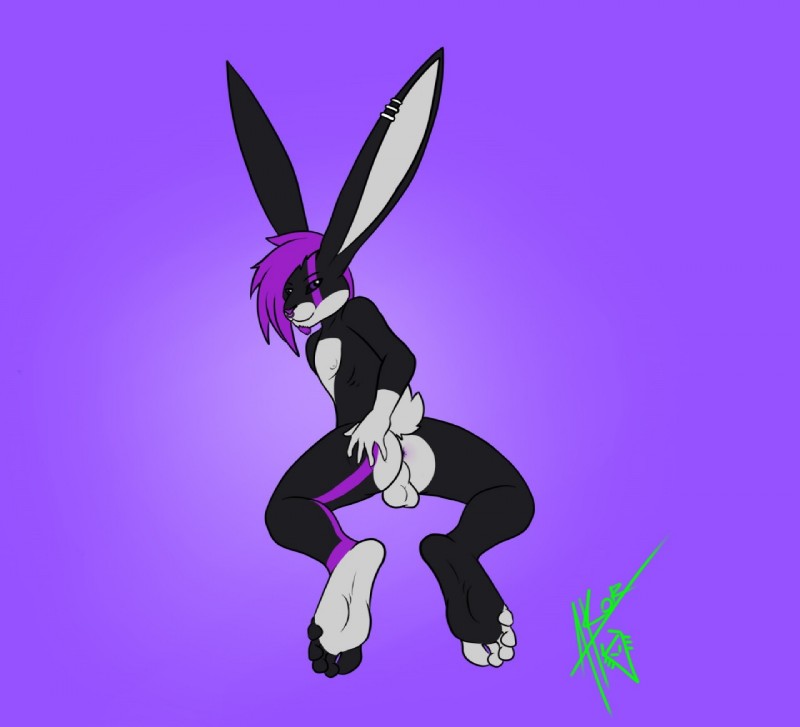 anthro backsack balls biped black_sclera butt feet genitals hair humanoid_feet looking_at_viewer male paws plantigrade presenting purple_eyes purple_hair raised_tail solo spread_butt spreading tail drag01 akor aleister_longears hare lagomorph leporid mammal