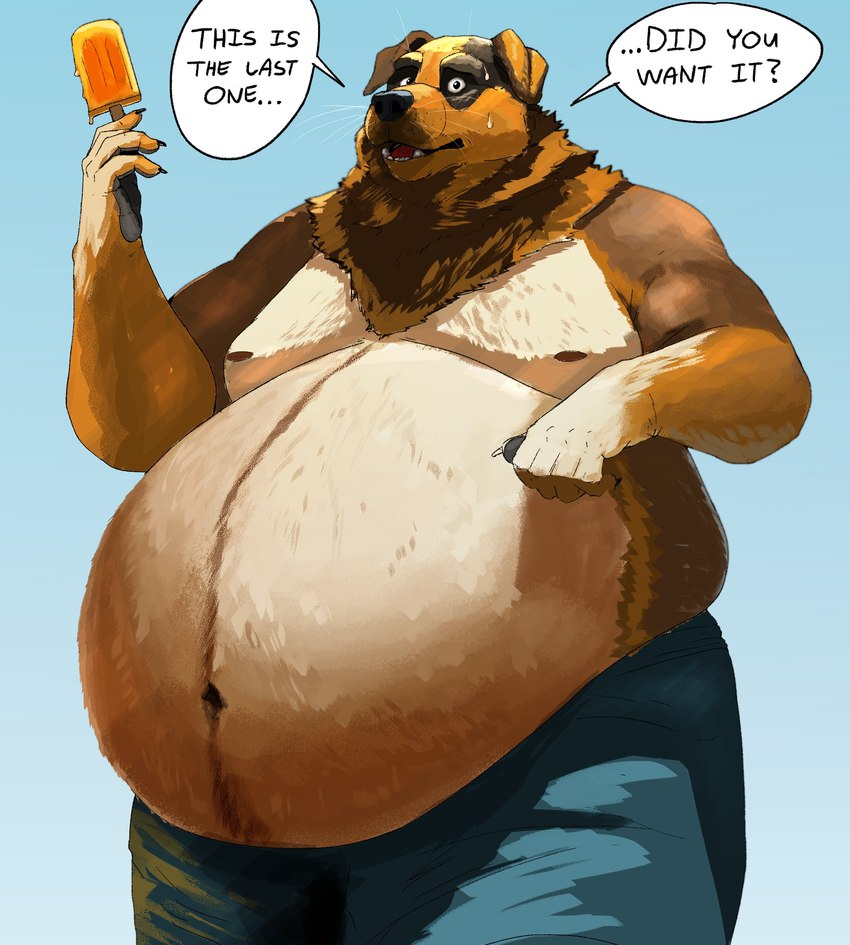 anthro belly belly_overhang big_belly bodily_fluids body_hair brown_nipples chubby_cheeks claws clothed clothing dessert facial_tuft finger_claws food fur happy_trail holding_object looking_at_viewer love_handles male mane moobs multicolored_body multicolored_fur navel nipples obese obese_anthro obese_male open_mouth outside overweight overweight_anthro overweight_male popsicle popsicle_stick shadow solo sweat sweatdrop teeth text tongue topless tuft whiskers feedtheboss canid canine canis domestic_dog mammal absurd_res english_text hi_res