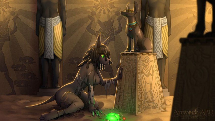 after_transformation anthro artifact black_body black_fur black_hair black_nose breasts clothing dreadlocks female fur green_eyes hair hieroglyphics nude relic sand sculpture solo statue torn_clothing treasure yellow_sclera abluedeer egyptian_mythology middle_eastern_mythology mythology anput anubian_jackal canid canine canis jackal mammal 16:9 digital_media_(artwork) shaded widescreen