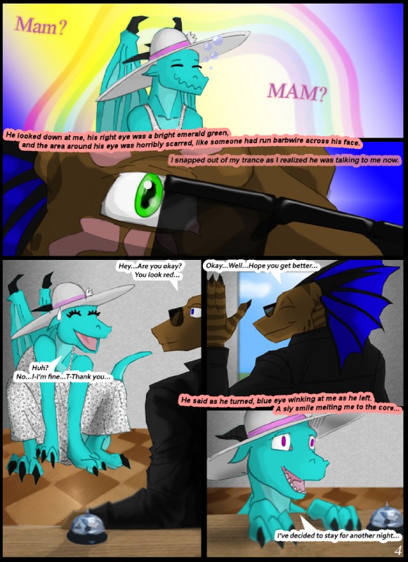 anthro claws dialogue duo eyewear female fin green_eyes horn inner_monologue male sunglasses tail text thinking rastaban_coal mythology leiks rastaban_coal_(character) aquatic_dragon dragon marine mythological_creature mythological_scalie scalie comic english_text hi_res