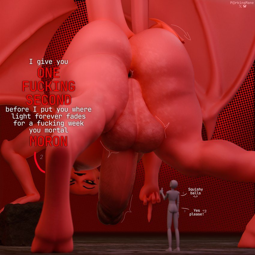 angry annoyed balls bent_over big_penis breasts dialogue dominant dominant_female dominant_intersex duo erection extreme_size_difference faceless_character faceless_female faceless_male female genitals gesture gynomorph hand_gesture humanoid_genitalia humanoid_penis intersex intersex/male low-angle_view macro male micro middle_finger motion_lines nipples nude open_mouth penis profanity red_body red_skin saggy_balls simple_background size_difference speech_bubble spread_legs spreading tail talking_to_another text porkingmane samzan_(modeler) satina_(series) anon lucia_(satina) demon human mammal 1:1 2025 3d_(artwork) absurd_res digital_media_(artwork) english_text hi_res