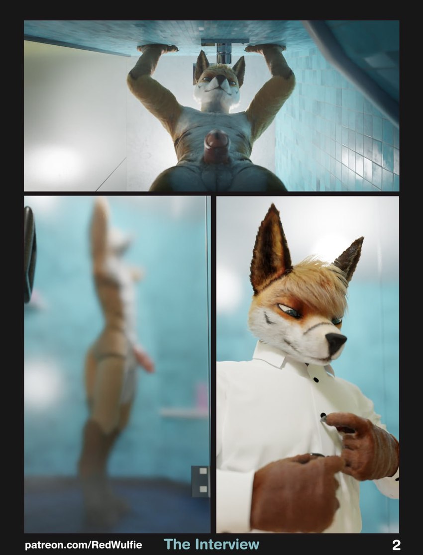 anthro balls clothed clothing dressing flaccid genitals glans humanoid_genitalia humanoid_penis male nude penis realistic shower solo text red_wulfie blender_cycles canid canine canis mammal wolf 3d_(artwork) blender_(artwork) comic digital_media_(artwork) hi_res url