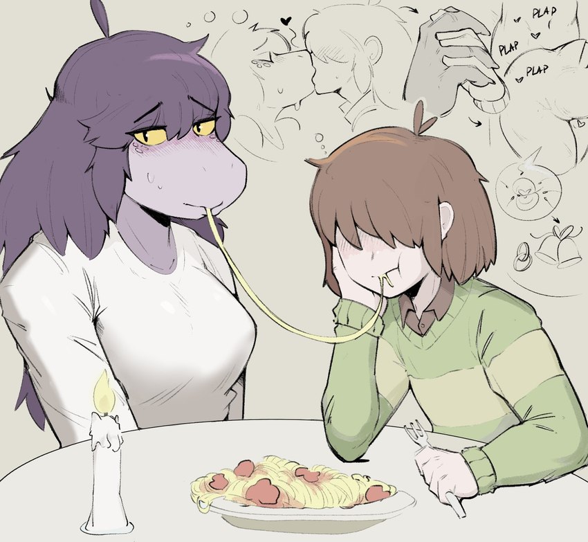 anthro duo female food freckles hand_holding imagination impregnation kissing male male/female pasta purple_body purple_scales romantic romantic_couple scales sex sound_effects text yellow_sclera demidoggo deltarune undertale_(series) kris_(deltarune) susie_(deltarune) human mammal scalie hi_res