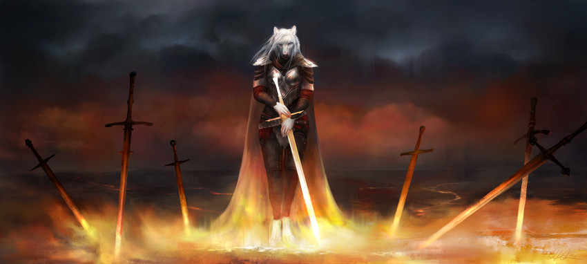 anthro armor clothed clothing day detailed_background female great_sword greatsword melee_weapon outside solo sword sword_in_ground weapon wolnir canid canine canis mammal wolf 2020 digital_media_(artwork) hi_res