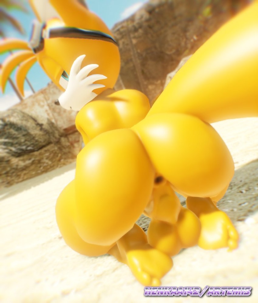 anthro anus athletic balls beach big_butt butt eyewear eyewear_on_head feet femboy genitals goggles goggles_on_head looking_back male outside presenting presenting_hindquarters sand solo tail artemissaturn sega sonic_the_hedgehog_(series) miles_prower canid canine fox mammal 3d_(artwork) digital_media_(artwork)