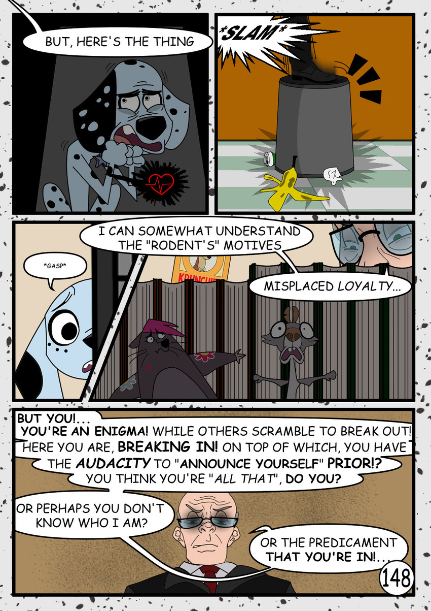 banana_peel black_spots book dialogue duo female feral fur heart_attack male speech_bubble spots text trash_can white_body white_fur redundantmodule 101_dalmatian_street 101_dalmatians disney alfred_bright big_fee_(101_dalmatians) dolly_(101_dalmatians) dylan_(101_dalmatians) sid_(101_dalmatians) canid canine canis dalmatian domestic_dog human mammal murid murine rat rodent sciurid tree_squirrel comic english_text hi_res