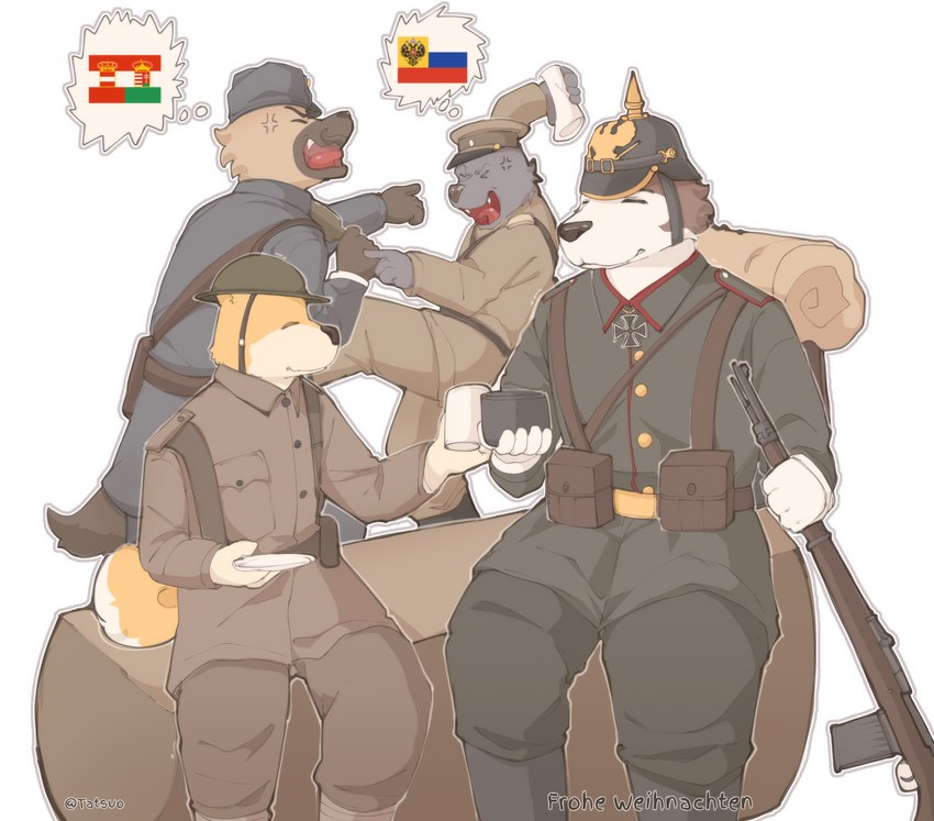 anthro armor austria-hungary austria-hungary_flag backpack beverage brown_body clothed clothing cross german_empire group gun headgear helmet holidays iron_cross male military pickelhaube ranged_weapon rifle russia russian_empire russian_flag tea uniform united_kingdom weapon world_war_1 yelling yellow_body callmetatsuo christmas royal_ordnance_plc canid canine canis domestic_dog mammal shiba_inu spitz wolf hi_res