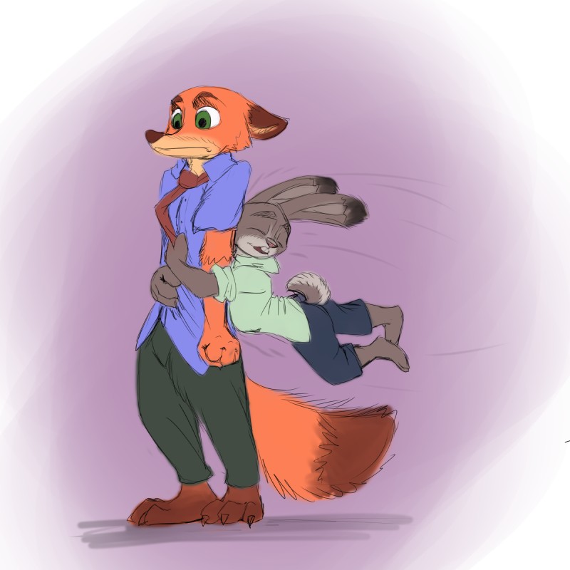 barefoot bottomwear buckteeth clothed clothing duo eyes_closed feet fully_clothed glomp necktie pants scut_tail shirt short_tail simple_background standing tail teeth topwear cerebral_knievel disney zootopia judy_hopps nick_wilde canid canine fox lagomorph leporid mammal rabbit red_fox true_fox 1:1 hi_res