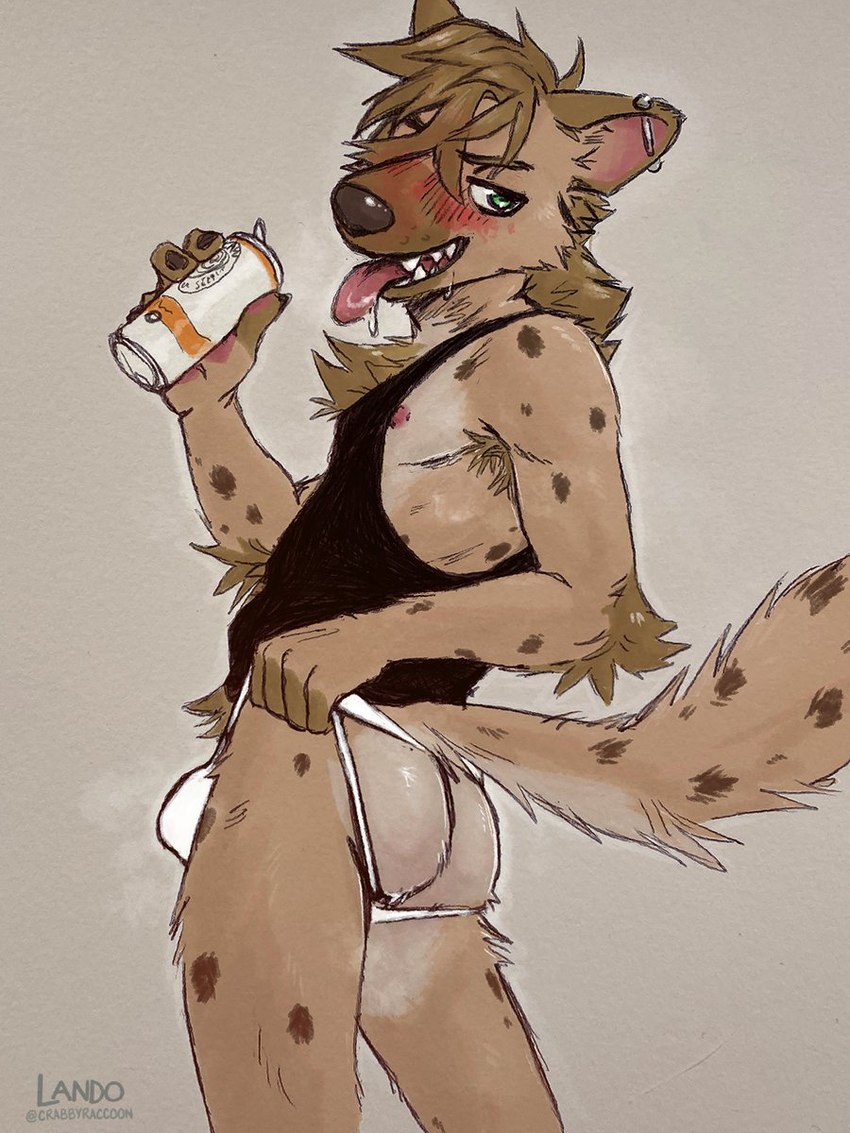 anthro biped blush brown_body brown_fur bulge butt can clothing container ear_piercing fur holding_can holding_container holding_object jockstrap male male_anthro piercing solo tongue tongue_out underwear sicklyhypnos white_claw_(brand) hyena mammal spotted_hyena 2022 3:4 digital_media_(artwork) hi_res