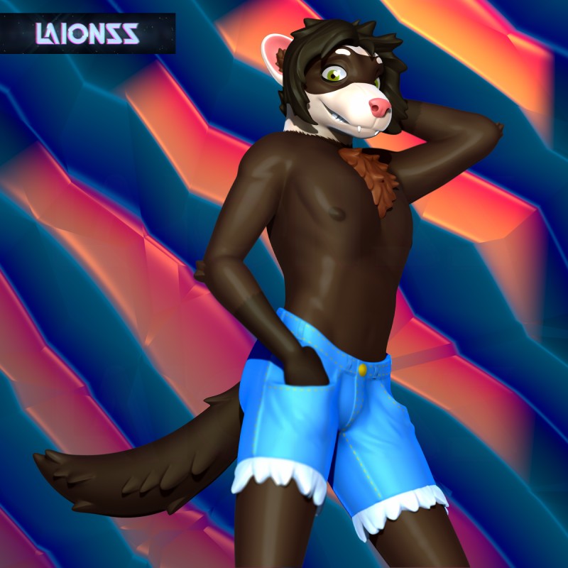 anthro bottomwear clothed clothing fur hair looking_at_viewer male nipples shorts smile solo standing teeth laionss domestic_ferret mammal mustelid musteline true_musteline weasel 1:1 2017 3d_(artwork) digital_media_(artwork) hi_res