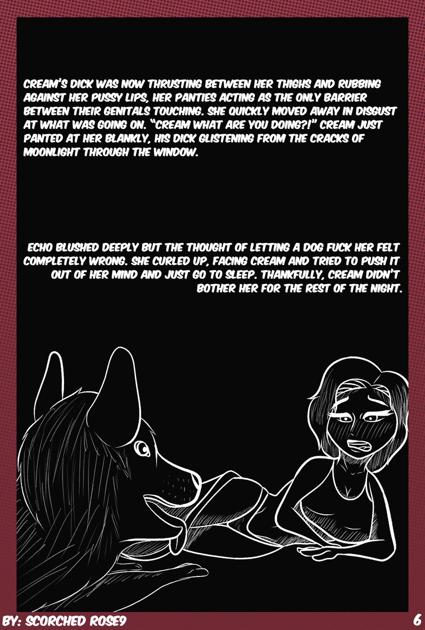 bedding blanket clothing crop_top dialogue duo female feral male panties profanity shirt story_in_picture text topwear underwear scorchedrose9 echo_(cream_filled) canid canine canis domestic_dog human mammal comic english_text hi_res