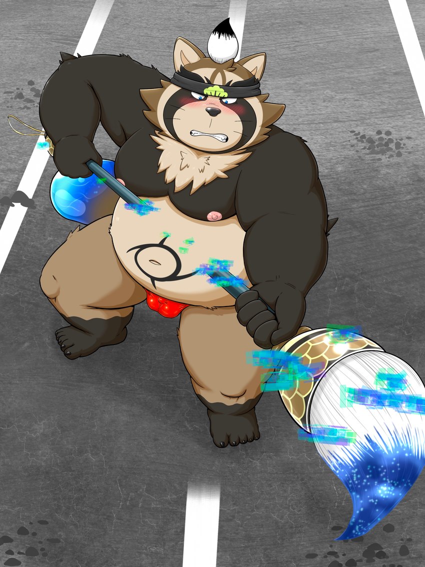 anthro asian_clothing balls_outline belly big_belly black_nose blush brown_body bulge clothing detailed_bulge east_asian_clothing fundoshi genital_outline japanese_clothing kemono male moobs navel nipples overweight overweight_male penis_outline red_clothing red_fundoshi red_underwear solo underwear kurozatou lifewonders live_a_hero shoen canid canine mammal raccoon_dog tanuki 2024 absurd_res hi_res