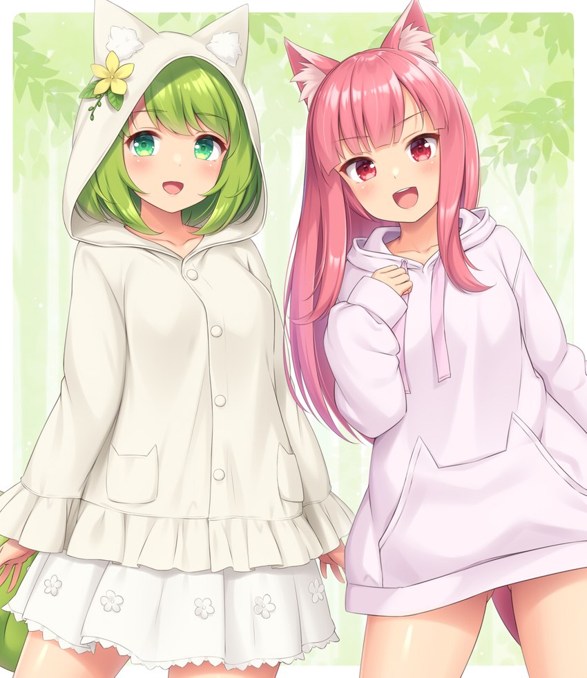 alternative_fashion bottomwear clothed clothing duo female furgonomics green_eyes green_hair hair hoodie j-fashion lolita_(fashion) open_mouth pink_hair red_eyes shiro_lolita skirt topwear sand-rain animal_humanoid canid canid_humanoid canine canine_humanoid fox_humanoid humanoid mammal mammal_humanoid 2021 hi_res pastel_theme