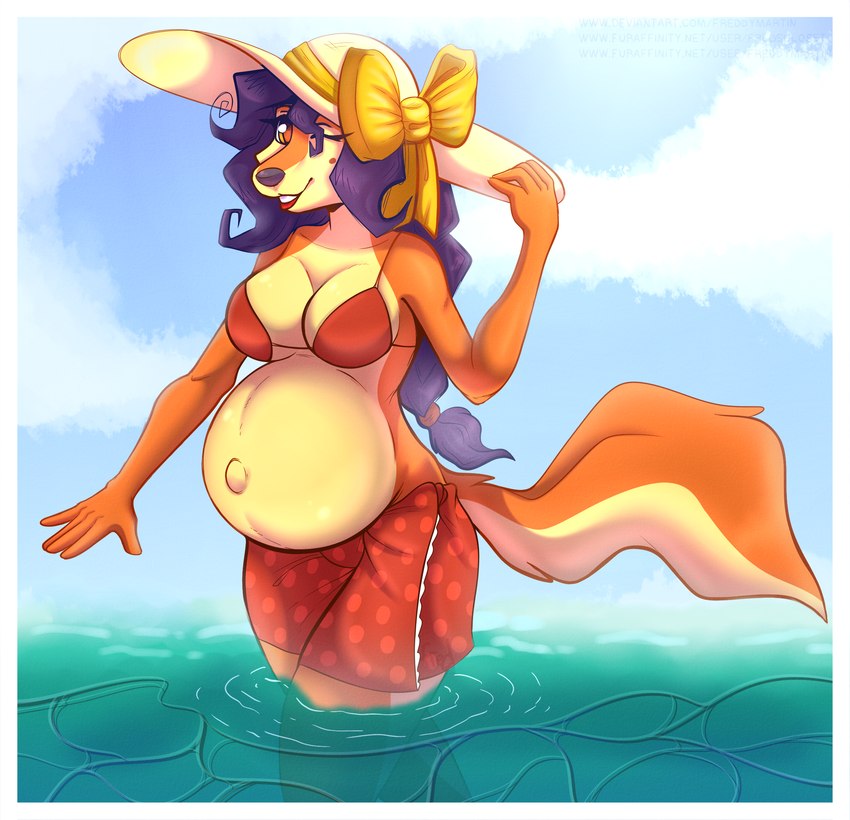 anthro belly big_belly bikini bra breasts clothing female fur navel pregnant pregnant_anthro pregnant_female sky solo summer swimwear two-piece_swimsuit underwear water freddymartin sly_cooper_(series) sony_corporation sony_interactive_entertainment sucker_punch_productions carmelita_fox canid canine fox mammal absurd_res digital_media_(artwork) hi_res