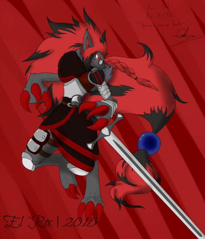 anthro armor eyewear glasses male melee_weapon role-playing_game semi-anthro solo sword text weapon el'roc nintendo pokemon fan_character sol_doliodos_(character) canid canine generation_5_pokemon mammal pokemon_(species) zoroark 2015 digital_media_(artwork) english_text hi_res