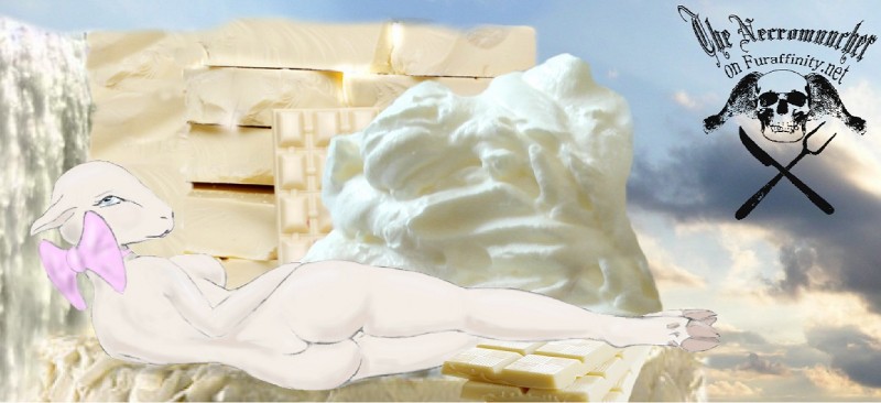 blue_eyes breasts butt candy chocolate cloud dairy_products dessert female food milk pose ribbons side_boob solo whipped_cream white_body white_chocolate necromuncher bovid caprine domestic_sheep mammal sheep