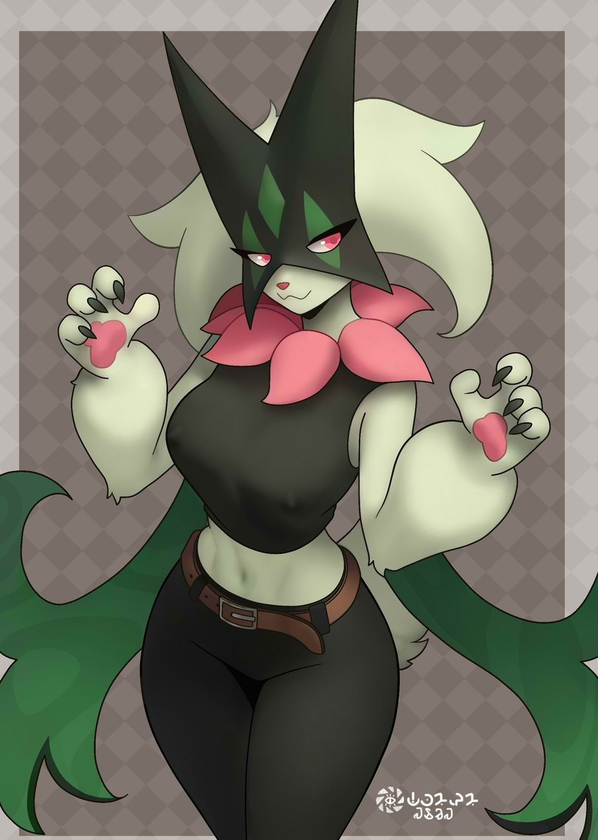 anthro belt bottomwear breasts clothed clothing female fur green_body green_fur mask pants simple_background solo pamaht9 nintendo pokemon felid feline generation_9_pokemon mammal meowscarada pokemon_(species) hi_res signature spanish_description