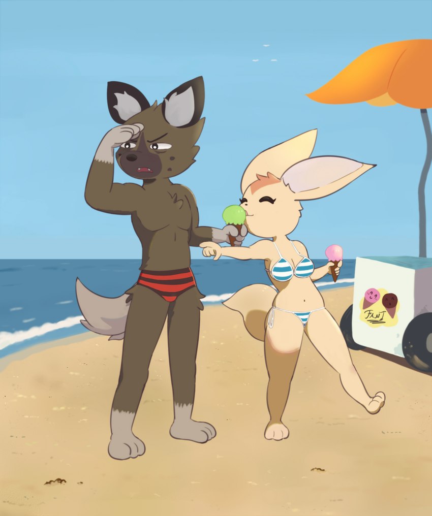 anthro athletic athletic_male beach bikini black_ears black_eyes black_markings black_nose blue_clothing breasts brown_body brown_countershading brown_fur cart chest_tuft cleavage clothed clothing countershading dessert detailed_background duo ear_tuft eyes_closed feet female food food_cart fur gesture hand_gesture head_tuft holding_food holding_ice_cream holding_ice_cream_cone holding_object ice_cream ice_cream_cone licking looking_away male male/female markings midriff multicolored_body multicolored_fur narrowed_eyes navel open_mouth outside pattern_bikini pattern_clothing pattern_swimwear pivoted_ears pointing raised_leg red_clothing sand sea seaside shading_eyes sharp_teeth side-tie_bikini side-tie_clothing size_difference sky speedo squint standing string_bikini striped_bikini striped_clothing striped_swimwear stripes swimwear tan_body tan_fur teeth tied_bikini tied_clothing toes tongue tongue_out topless topless_male trick tuft two-piece_swimsuit two_tone_body two_tone_fur umbrella vending_cart water wave wheel fantharubi aggretsuko sanrio fenneko haida_(aggretsuko) canid canine fennec_fox fox hyena mammal spotted_hyena true_fox 2021 digital_media_(artwork) hi_res signature