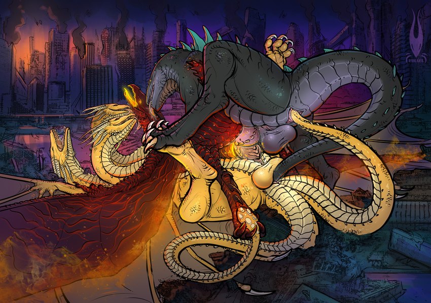 king ghidorah, rodan, and zilla (european mythology and etc) created by firael