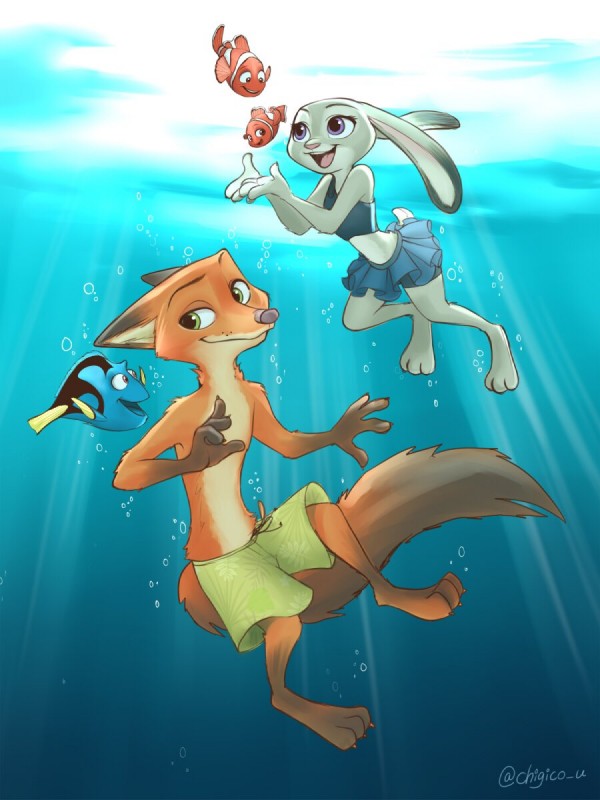 3_toes 4_fingers anthro biped bottomwear claws clothed clothing duo feet female fingers fur gloves_(marking) green_eyes group leg_markings looking_back male markings purple_eyes shorts smile socks_(marking) swimwear teeth toe_claws toes topless underwater water chigico_u disney finding_nemo pixar zootopia dory_(finding_nemo) judy_hopps marlin_(finding_nemo) nemo_(finding_nemo) nick_wilde acanthurid canid canine clownfish fish fox lagomorph leporid mammal marine pomacentrid rabbit red_fox regal_tang true_fox 2016 3:4 crossover hi_res