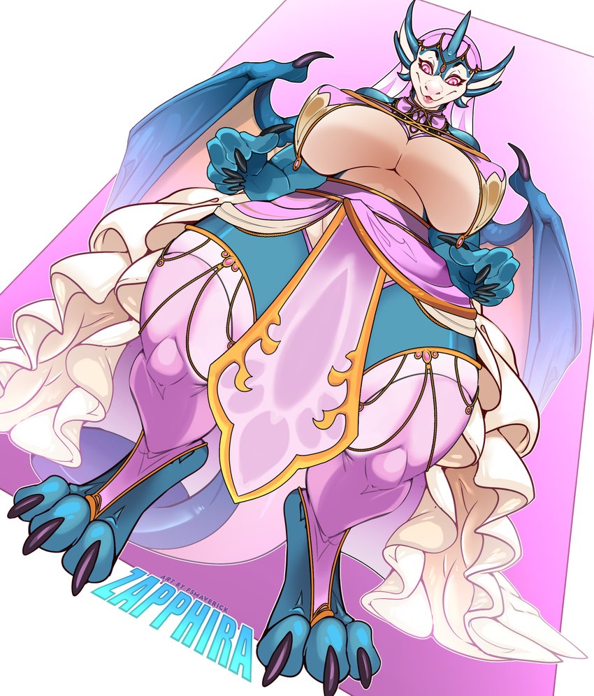 anthro big_breasts breasts clothed clothing digitigrade dress feet female holy larger_female looking_at_viewer looking_down macro priest priest_robes size_difference smile solo tail thick_thighs toes topwear wide_hips wings fsmaverick mythology zapphira dragon mythological_creature mythological_scalie scalie digital_media_(artwork) hi_res