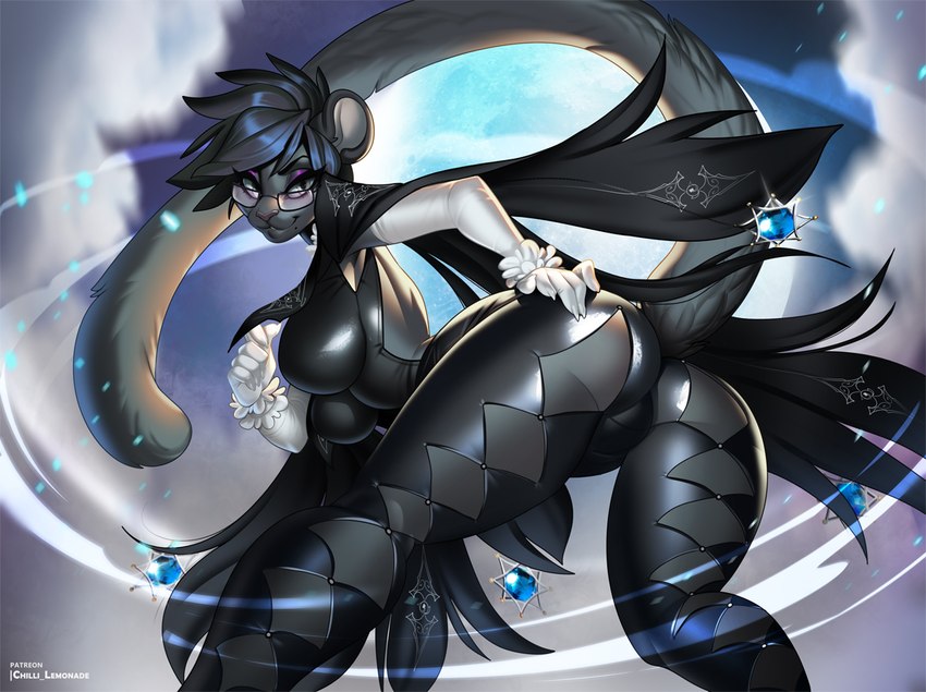 anthro armwear black_body black_fur black_hair breasts butt clothing elbow_gloves eyebrows eyelashes eyewear female fur glasses glistening glistening_clothing gloves grey_eyes hair hand_on_butt handwear short_hair solo aomori bayonetta platinumgames bayonetta_(character) felid mammal pantherine 2023