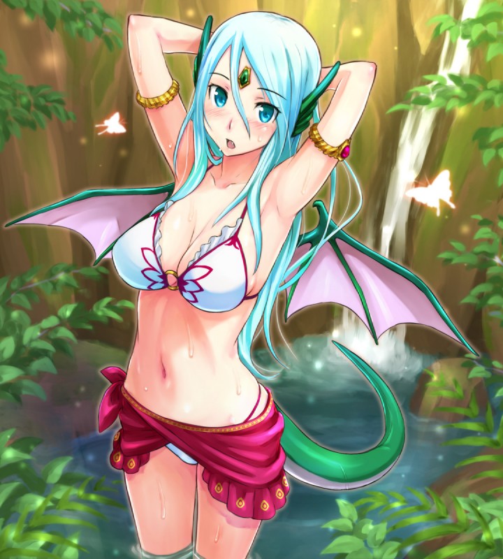 ambient_silhouette arms_bent blue_eyes blue_hair blush bra breasts cleavage clothed clothing collarbone dragon_tail fangs female glowing glowing_silhouette group hair hands_behind_head legs_in_water long_hair looking_at_viewer membrane_(anatomy) membranous_wings navel partially_submerged raised_arms silhouette solo_focus submerged_legs tail teeth trio underwear water waterfall wet wings shimano_natsume mythology shingoku_no_valhalla_gate ambient_arthropod ambient_butterfly ambient_flier ambient_insect animal_humanoid arthropod butterfly dragon dragon_humanoid humanoid insect lepidopteran mythological_creature mythological_scalie scalie hi_res