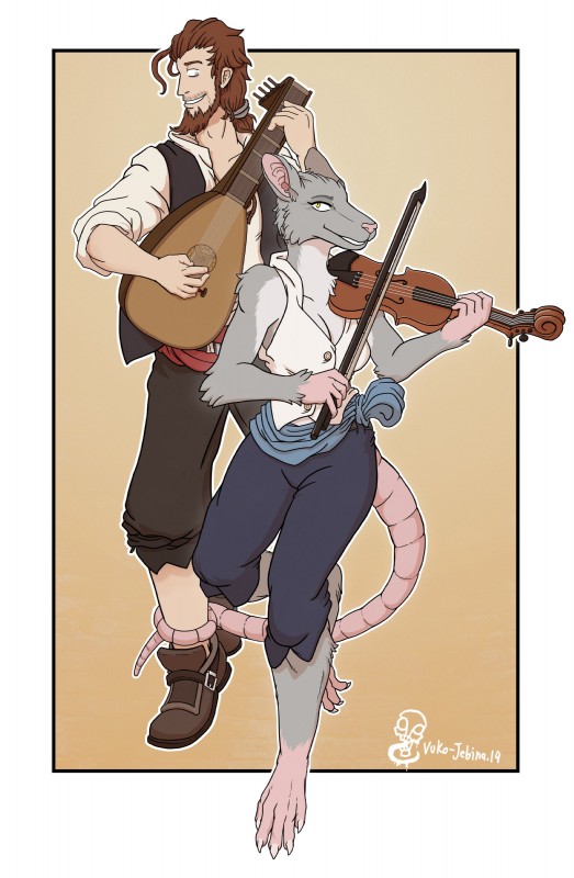 anthro beard biped bowed_string_instrument breasts clothed clothing duo facial_hair female hair lute male musical_instrument piercing plucked_string_instrument string_instrument tail tail_around_leg violin vuko-jebina guy_(vuko-jebina) shira_(vuko-jebina) human mammal murid murine rat rodent 2019 absurd_res hi_res