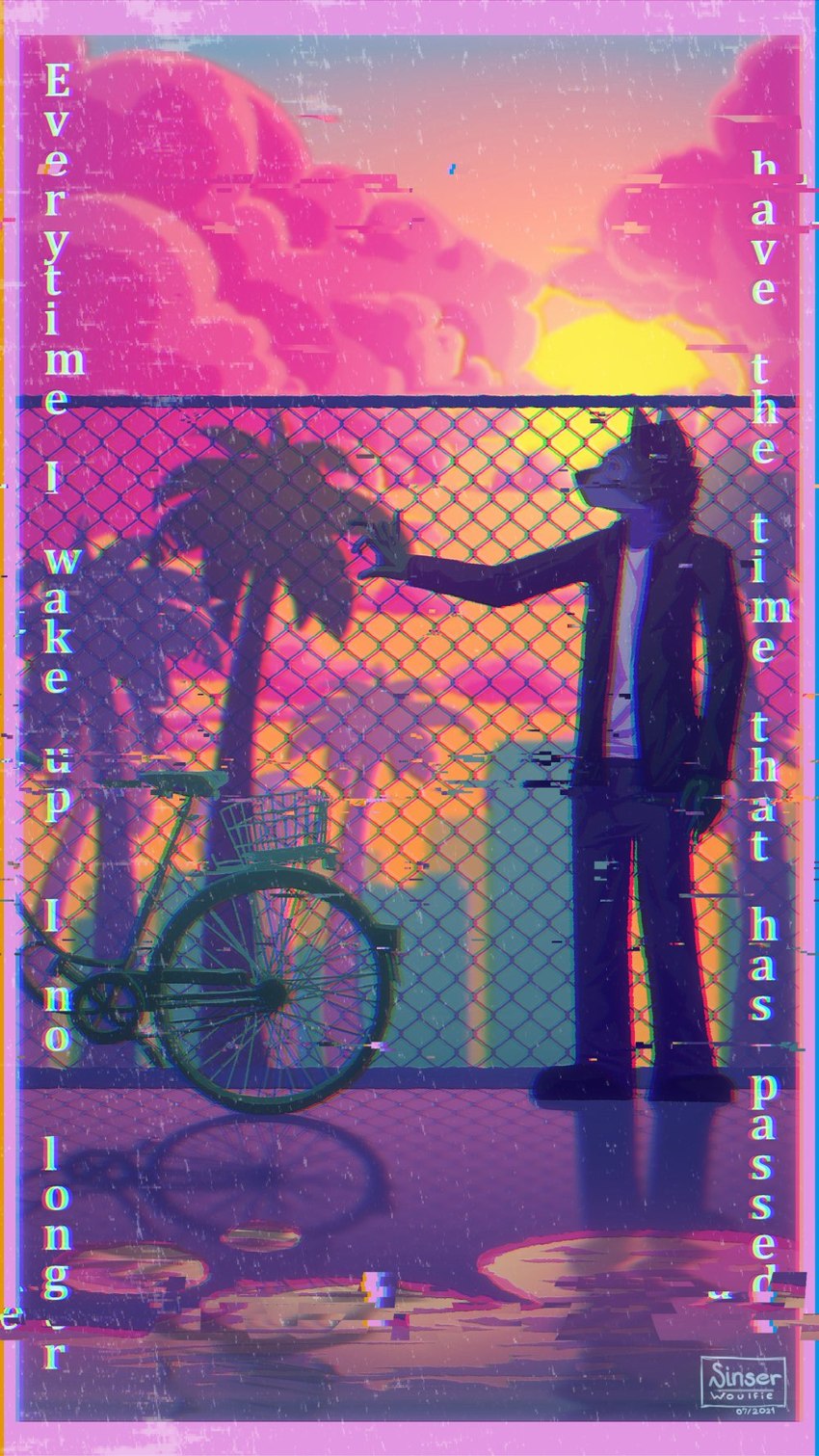 anthro bicycle blue_body blue_fur building clothed clothing cloud effect_details effects fur glitch green_body green_fur light looking_away male open_clothing open_shirt open_topwear palm_tree pink_clouds plant puddle shirt solo standing sun sunlight sunset topwear tree vaporwave vehicle sinser sinser_(character) canid canine canis mammal wolf digital_drawing_(artwork) digital_media_(artwork) hi_res