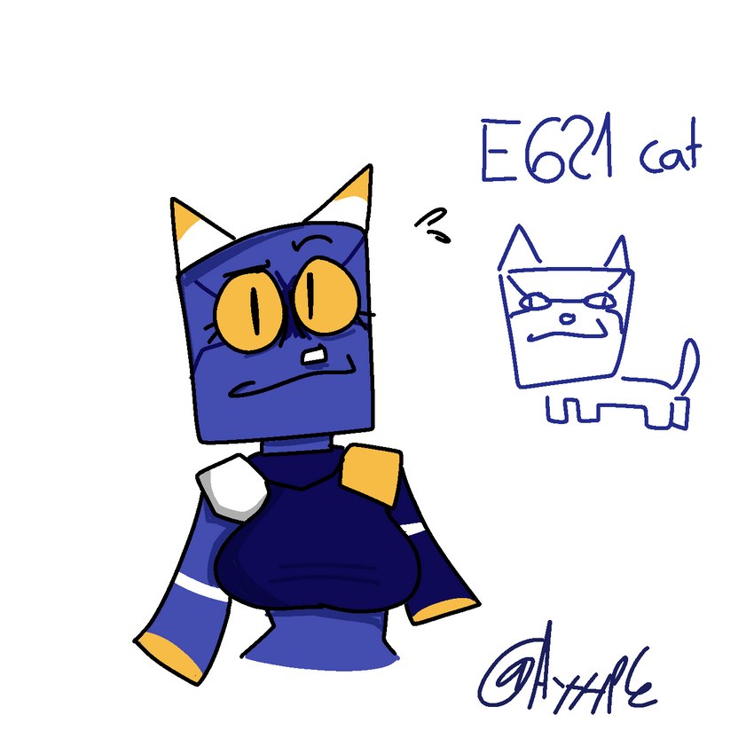 anthro blue_body cat_tail e621_logo female humor machine mascot robotic_leg solo yellow_eyes ayyyple e621 esix domestic_cat felid feline felis mammal robot 1:1 hi_res meme