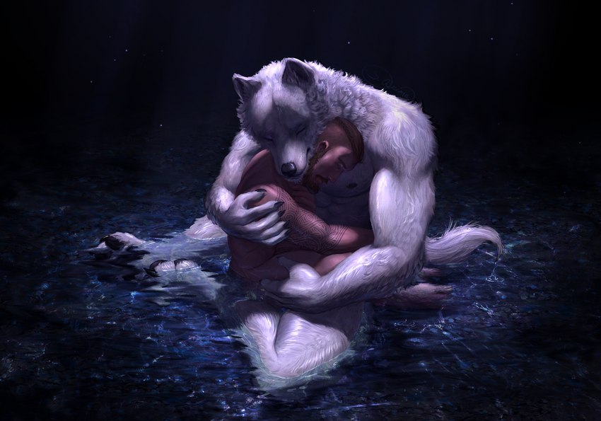 abs anthro arm_tattoo athletic athletic_anthro beard black_background black_claws black_nipples black_nose black_pawpads canine_ears claws cradling cuddling duo ears_front eyes_closed facial_hair fur holding_partner hug human_on_anthro interspecies intimate light light_beam male male/male mohawk muscular muscular_male mustache nipples nude nuzzling partially_submerged pawpads pecs protective reflection romantic romantic_couple simple_background sitting sitting_on_ground size_difference tattoo tender tenderness water wet wet_body wet_fur white_body white_fur white_skin s_anima canid canine canis human mammal wolf digital_media_(artwork) hi_res