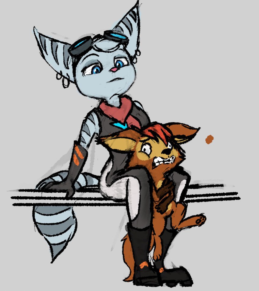 anthro clothed clothing duo eyewear eyewear_on_head female feral goggles goggles_on_head nude simple_background sitting size_difference slim squish thigh_squish white_background unknown_artist ratchet_and_clank sony_corporation sony_interactive_entertainment rivet_(ratchet_and_clank) tama-tama hybrid lombax mammal unknown_species