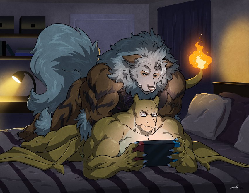 anal anal_penetration anthro anthro_on_anthro anthro_penetrated anthro_penetrating anthro_penetrating_anthro anthrofied bed bedding bedroom biceps big_muscles bored bored_sex butt casual_sex claws detailed_background duo ears_down eyewear facial_hair feet fire from_behind_position frown fur furniture gaming glasses holding_nintendo_switch holding_object horn huge_muscles inside interspecies lamp lying male male/male male_on_bottom male_on_top male_penetrated male_penetrating male_penetrating_male mane muscular muscular_anthro muscular_male narrowed_eyes nude obscured_anal obscured_penetration obscured_sex on_bed on_bottom on_front on_top penetration pillow pivoted_ears playing_video_game prone_bone_position sex speed_bump_position stubble tail tuft wings wfa nintendo nintendo_switch pokemon fan_character foreseth_(character) laarx arcanine charizard generation_1_pokemon pokemon_(species) 2021 hi_res signature