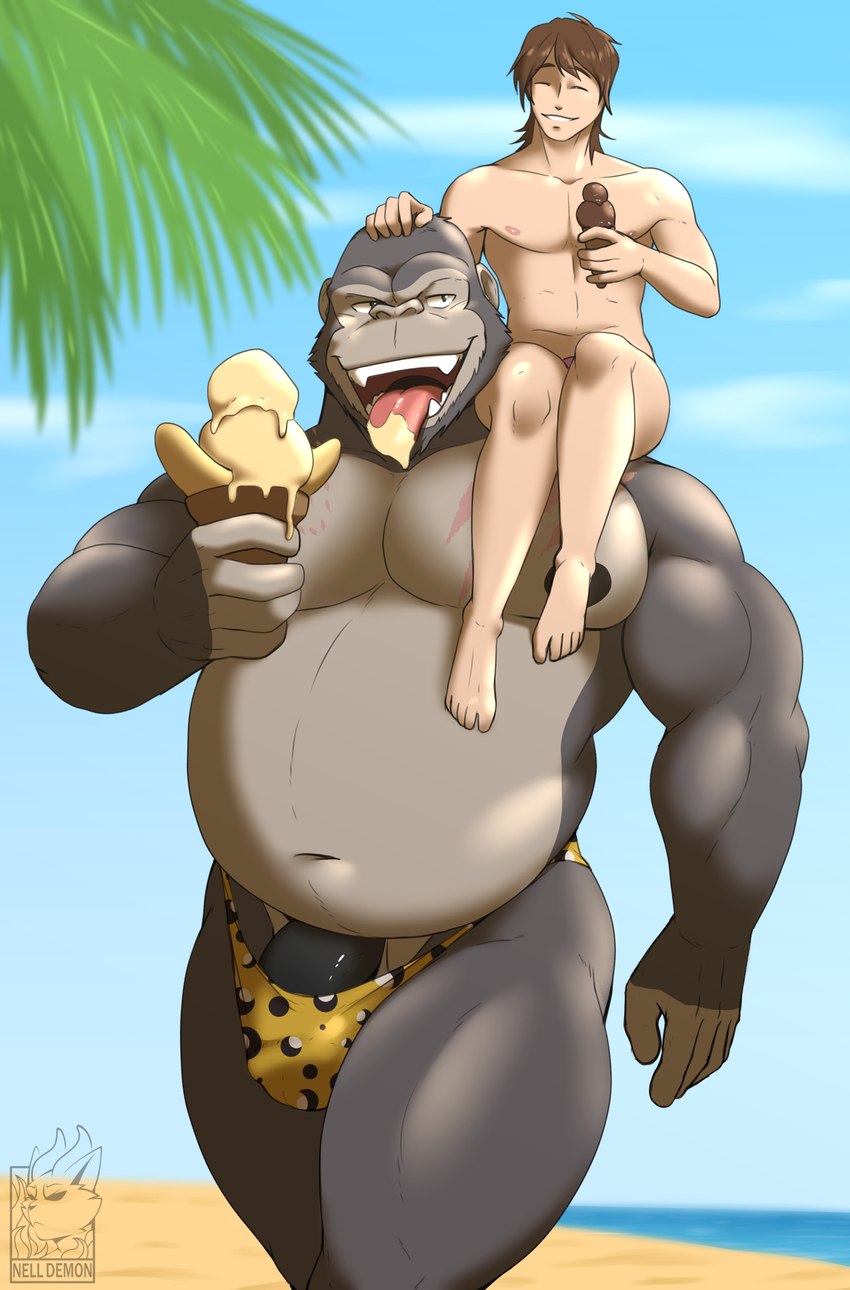 anthro beach big_pecs big_penis bottomwear clothed clothing dessert duo food genitals human_on_anthro ice_cream interspecies larger_anthro licking male male/male musclegut muscular muscular_anthro muscular_male navel nipples open_mouth palm_tree pecs penis plant sand seaside sitting_on_shoulder size_difference smaller_human speedo speedo_only swimwear tight_bottomwear tight_clothing tongue tongue_out topless tree water nelldemon ape gorilla haplorhine human mammal primate absurd_res hi_res