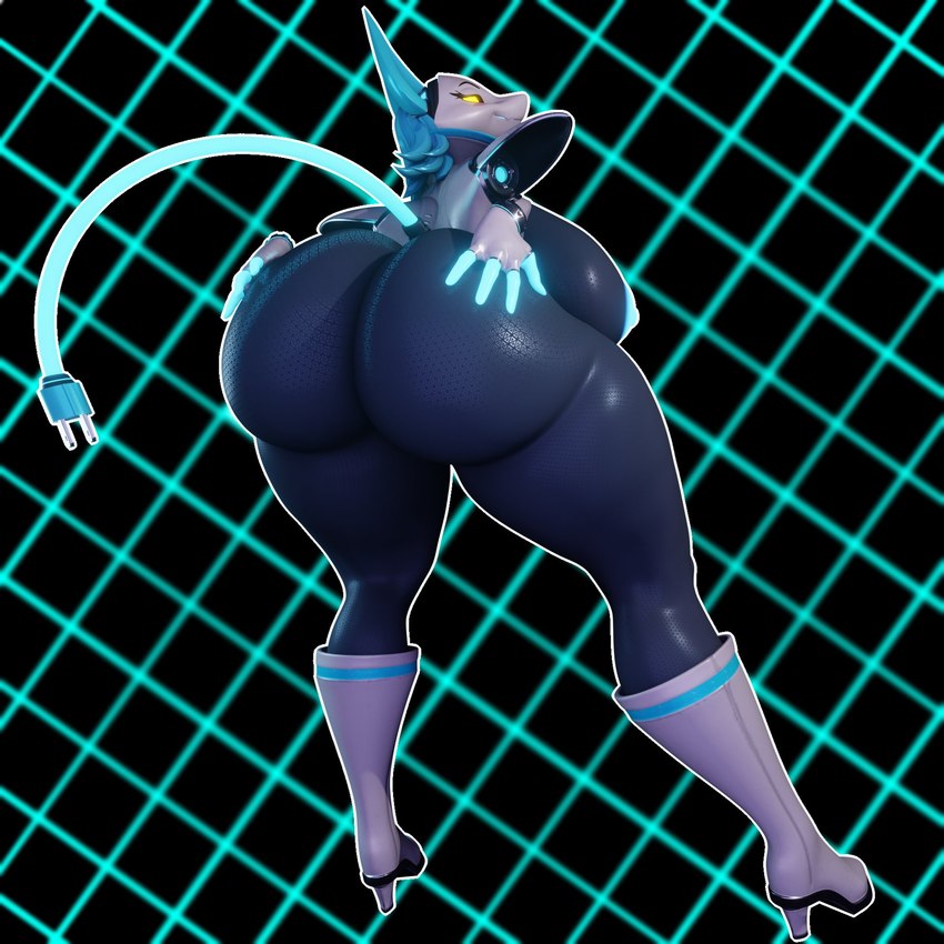 anthro areola big_breasts big_butt blue_hair boots breasts butt clothing female floating_hands footwear glowing glowing_eyes hair hand_on_butt high_heeled_boots high_heels huge_butt looking_back machine nipples shoes solo tail yellow_eyes madladdeluxe deltarune undertale_(series) tasque_manager android darkner felid feline mammal robot 3d_(artwork) digital_media_(artwork) hi_res