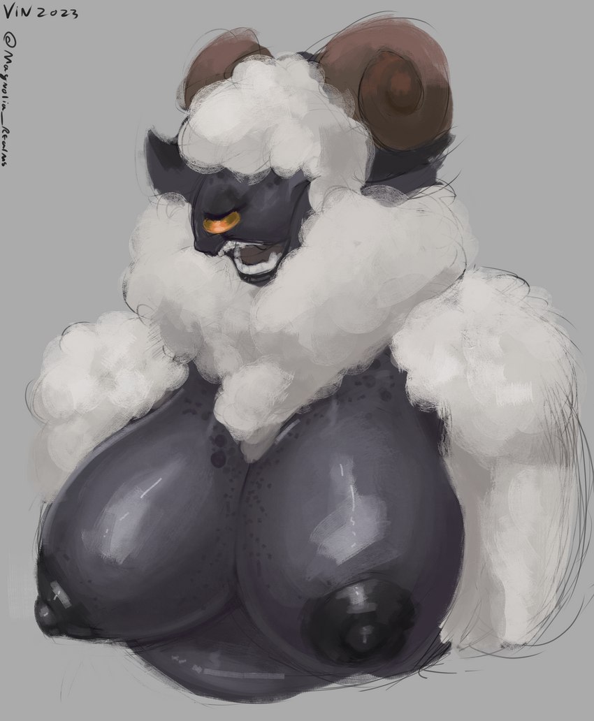 anthro big_breasts breasts female fur horn nipples smile wool_(fur) vin_oliver magnolia_(vin_oliver) bovid caprine mammal sheep absurd_res hi_res