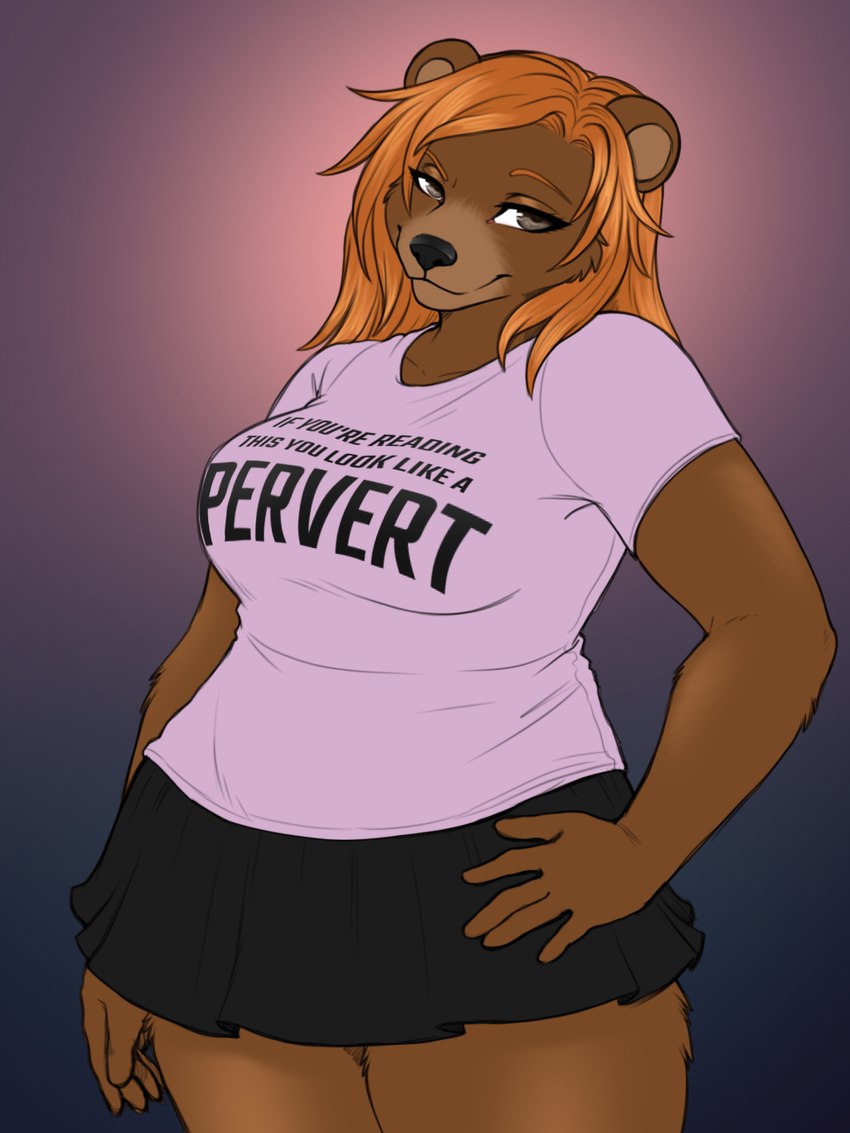 anthro big_breasts biped black_miniskirt black_nose bottomwear breasts brown_body brown_eyes brown_fur clothing curvy_figure eyebrows facial_tuft female female_anthro fur gradient_background hair hand_on_hip humor looking_at_viewer miniskirt orange_hair pink_clothing pink_shirt pink_topwear pose raised_eyebrow shirt simple_background skirt slightly_chubby smile solo text text_on_clothing topwear tuft ajna lauren_de_la_vojeto bear brown_bear mammal ursine 3:4 hi_res pinup