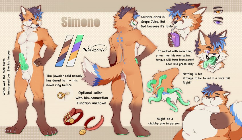 anthro collar drinking genitals grape_juice green_pawpads green_penis green_tentacles green_tongue juice_(beverage) male neck_belt orange_body orange_eyes pawpads penis purple_eyes solo tentacles text tongue reddog0701 simone_parker canid canine fox mammal english_text hi_res model_sheet